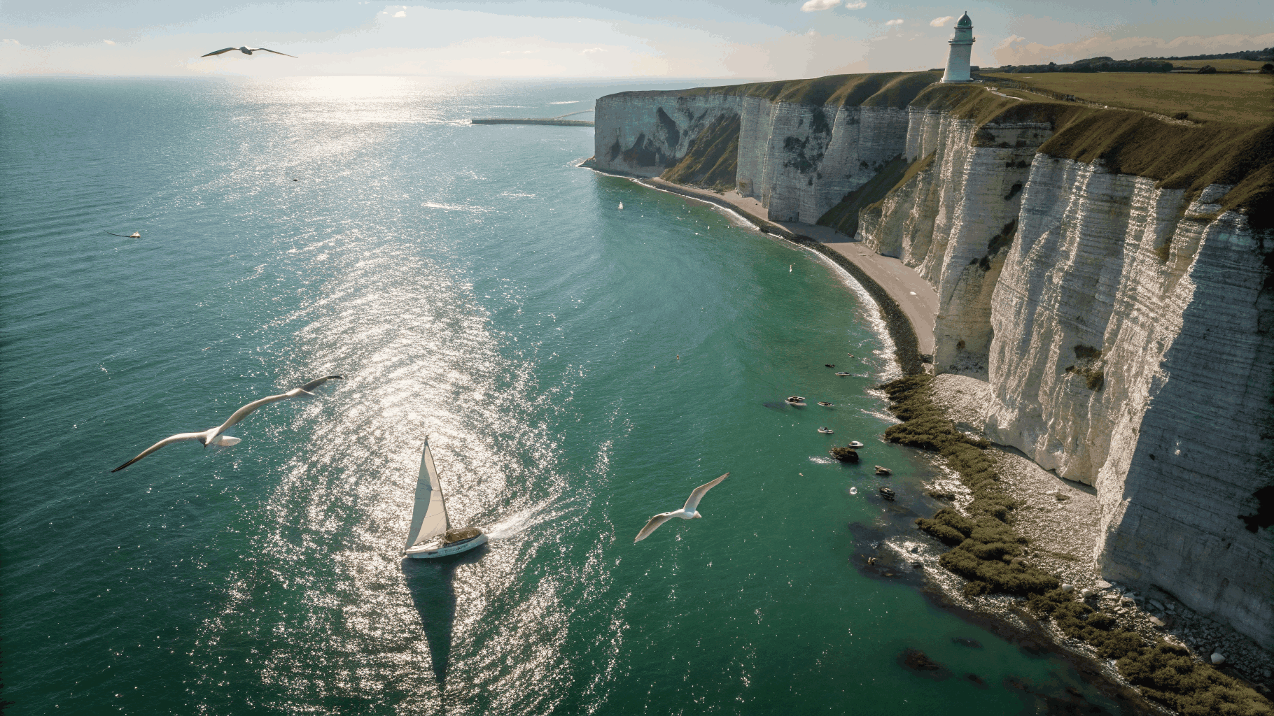 Aerial view of coastal archipelago cliffs and rolling azure ocean tides