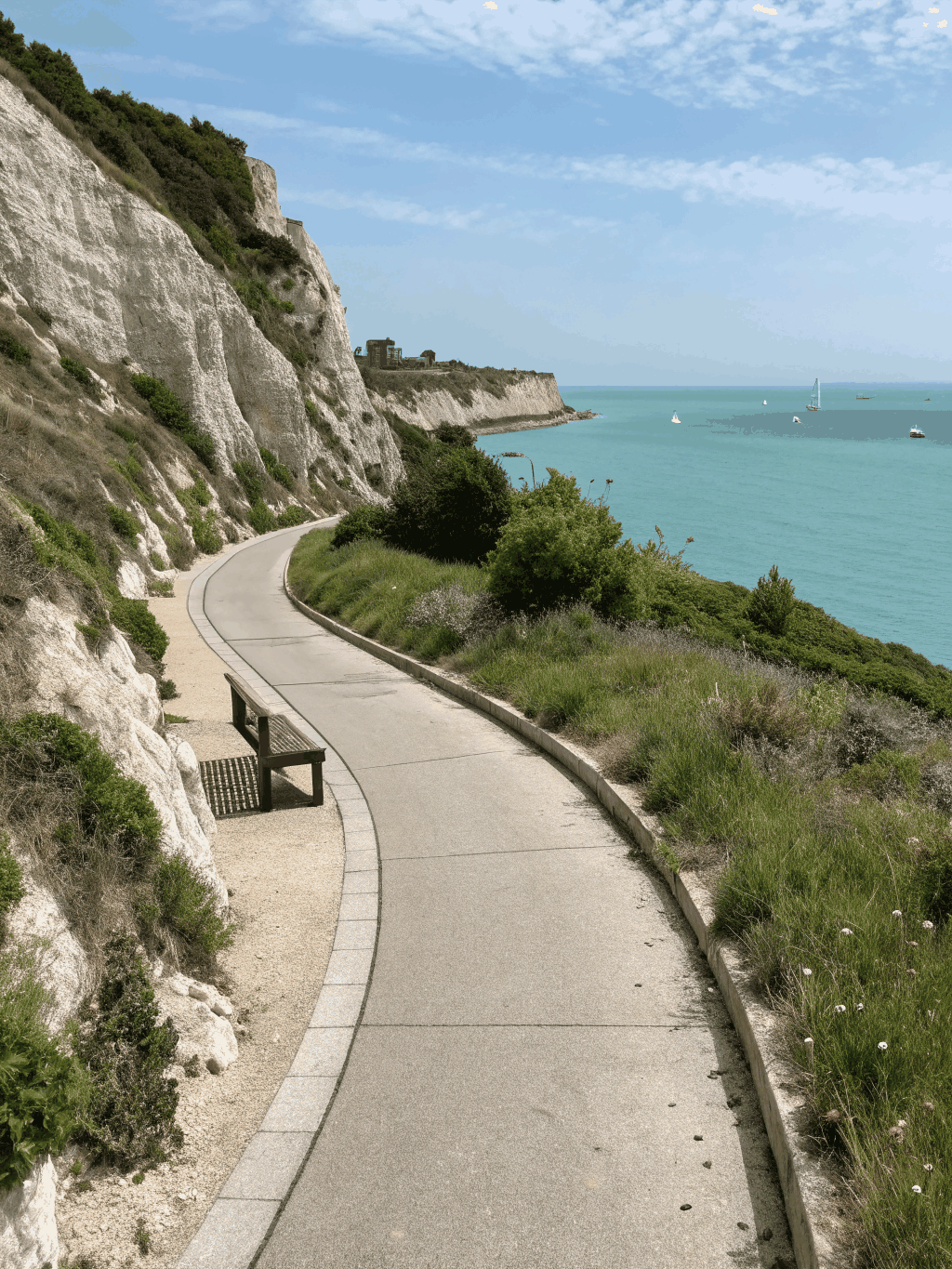 Paved two-lane coastal road running beside open water