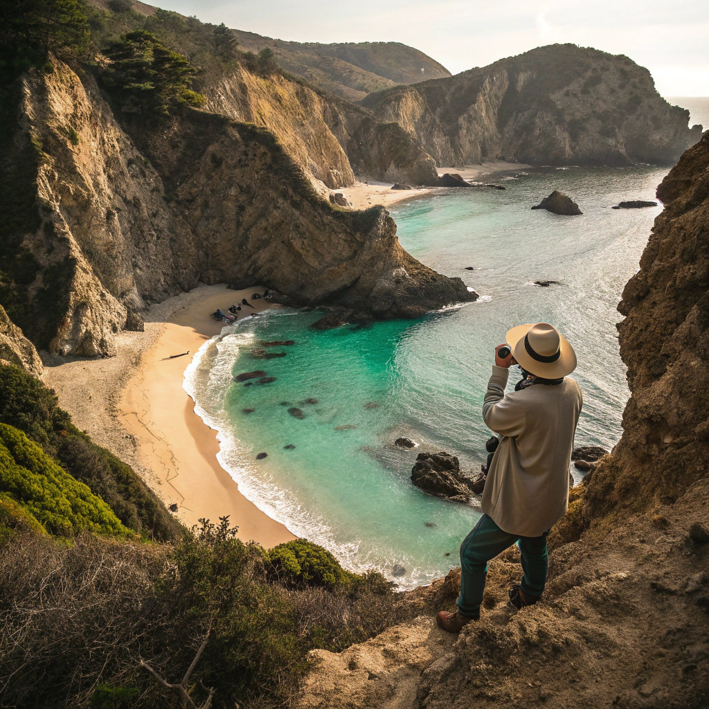 Secluded hidden cove beach with turquoise water and chalk-white sea arches