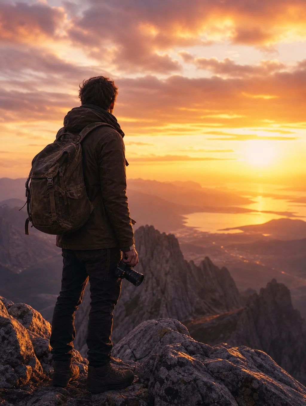 Solitary traveler standing on a cliff edge looking out at the calm horizon