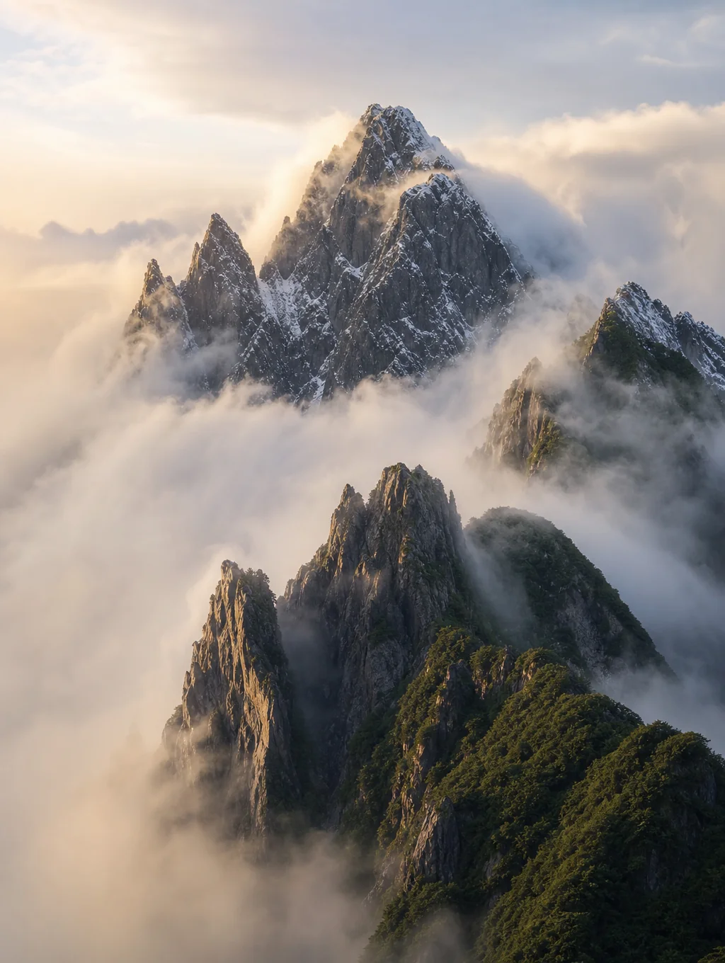 Morning mist settling over a rugged mountain ridge line