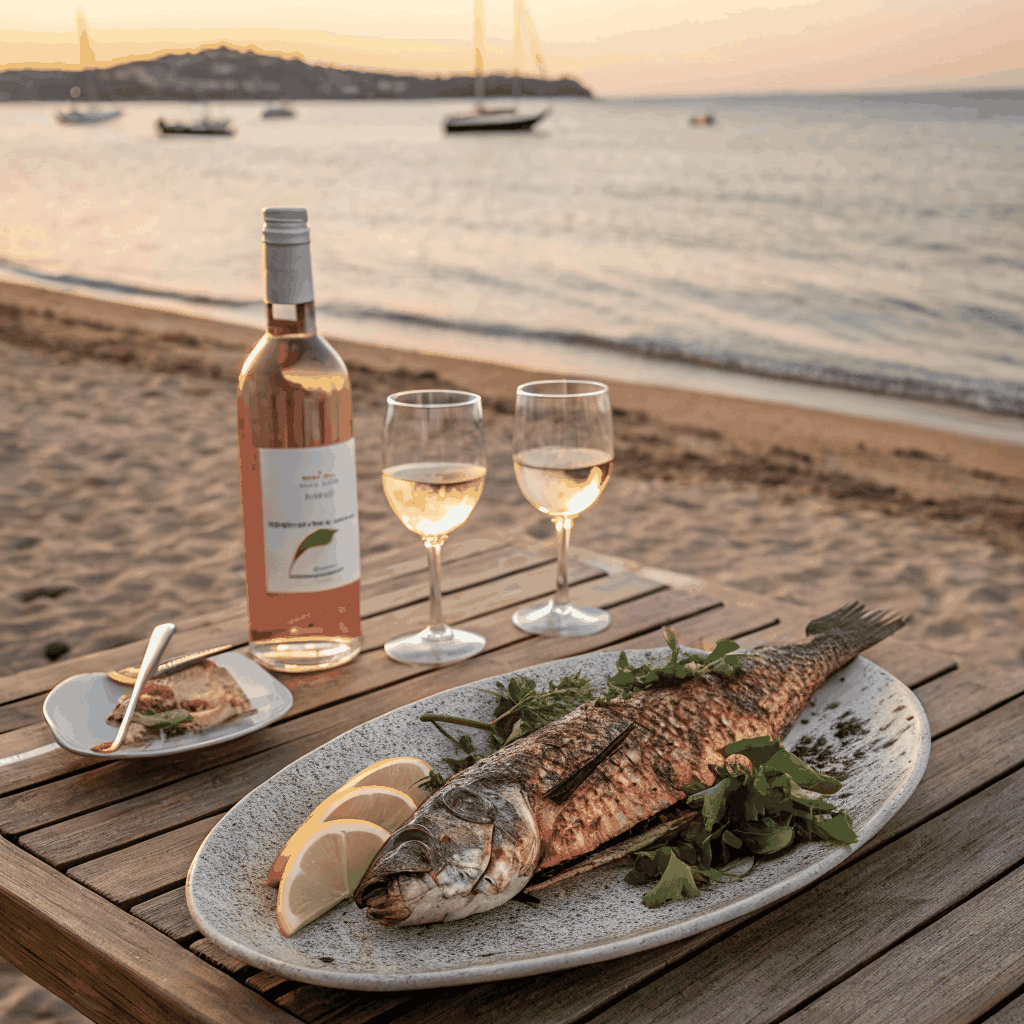 Seaside taverna table with grilled fresh fish and rustic bread on the sand