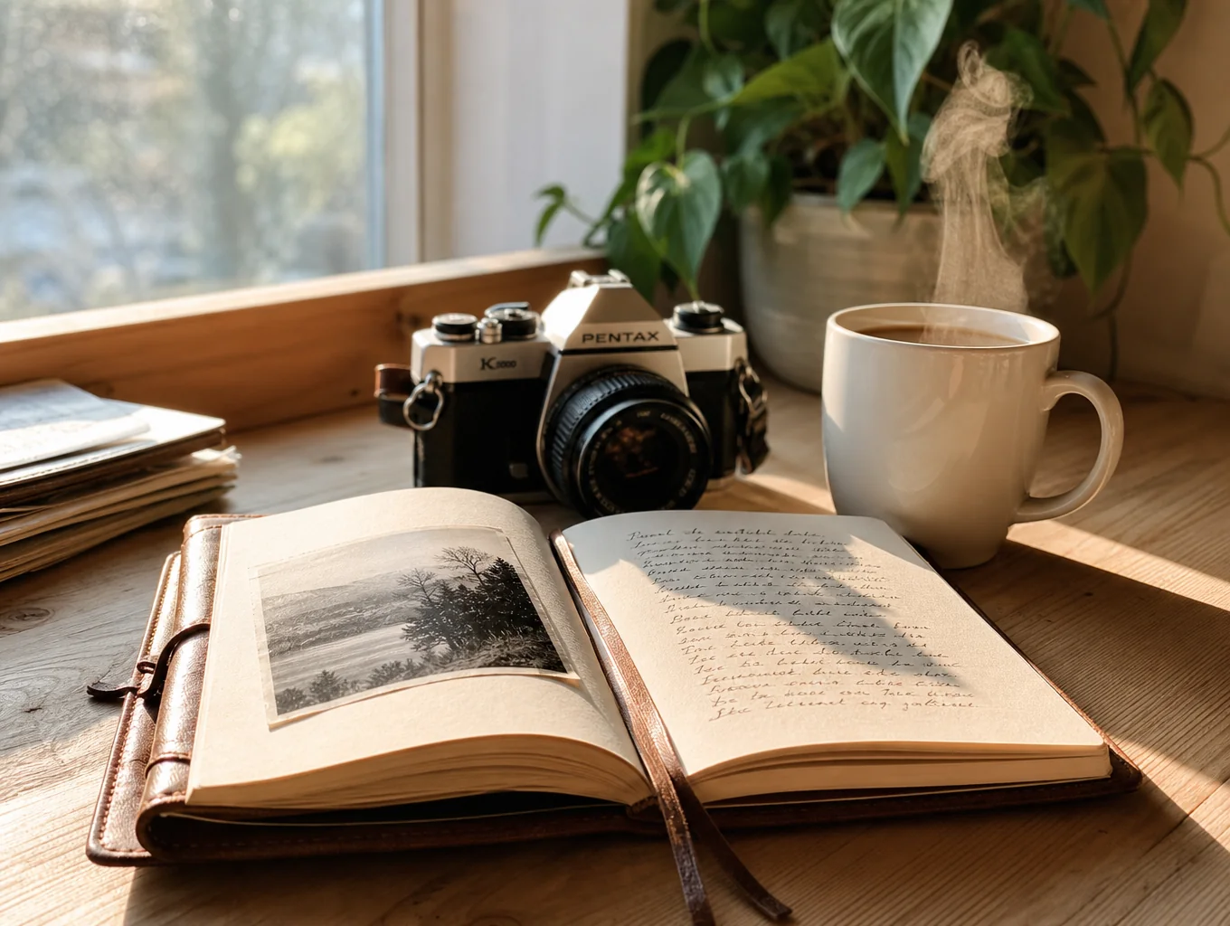 Open travel journals, charts, and cameras on an old wooden table