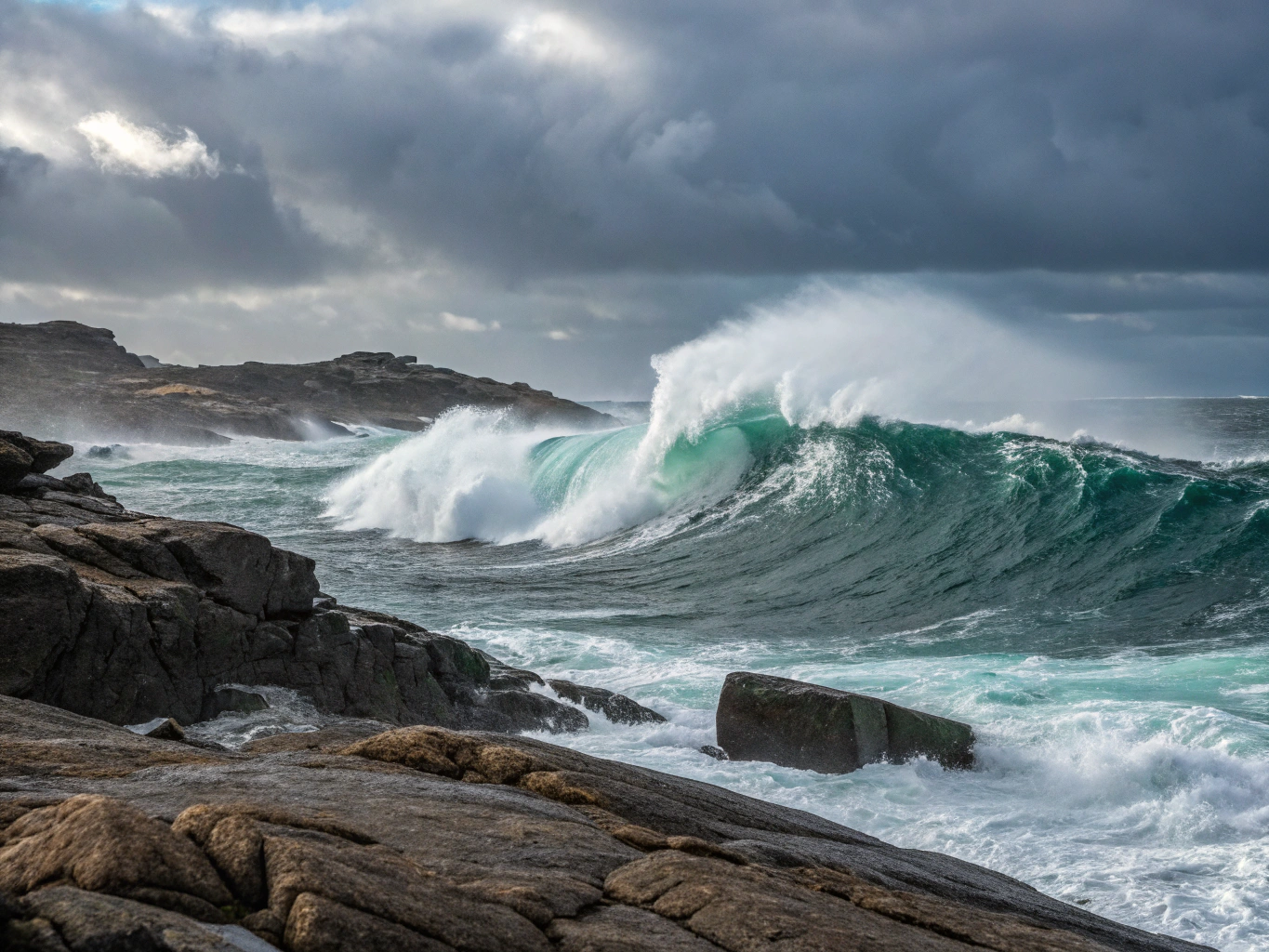 Heavy coastal waves breaking over rugged dark rocks