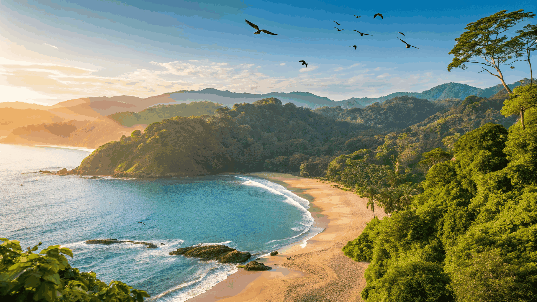 Aerial drone perspective of Pacific surf lines washing onto Costa Rican shorelines