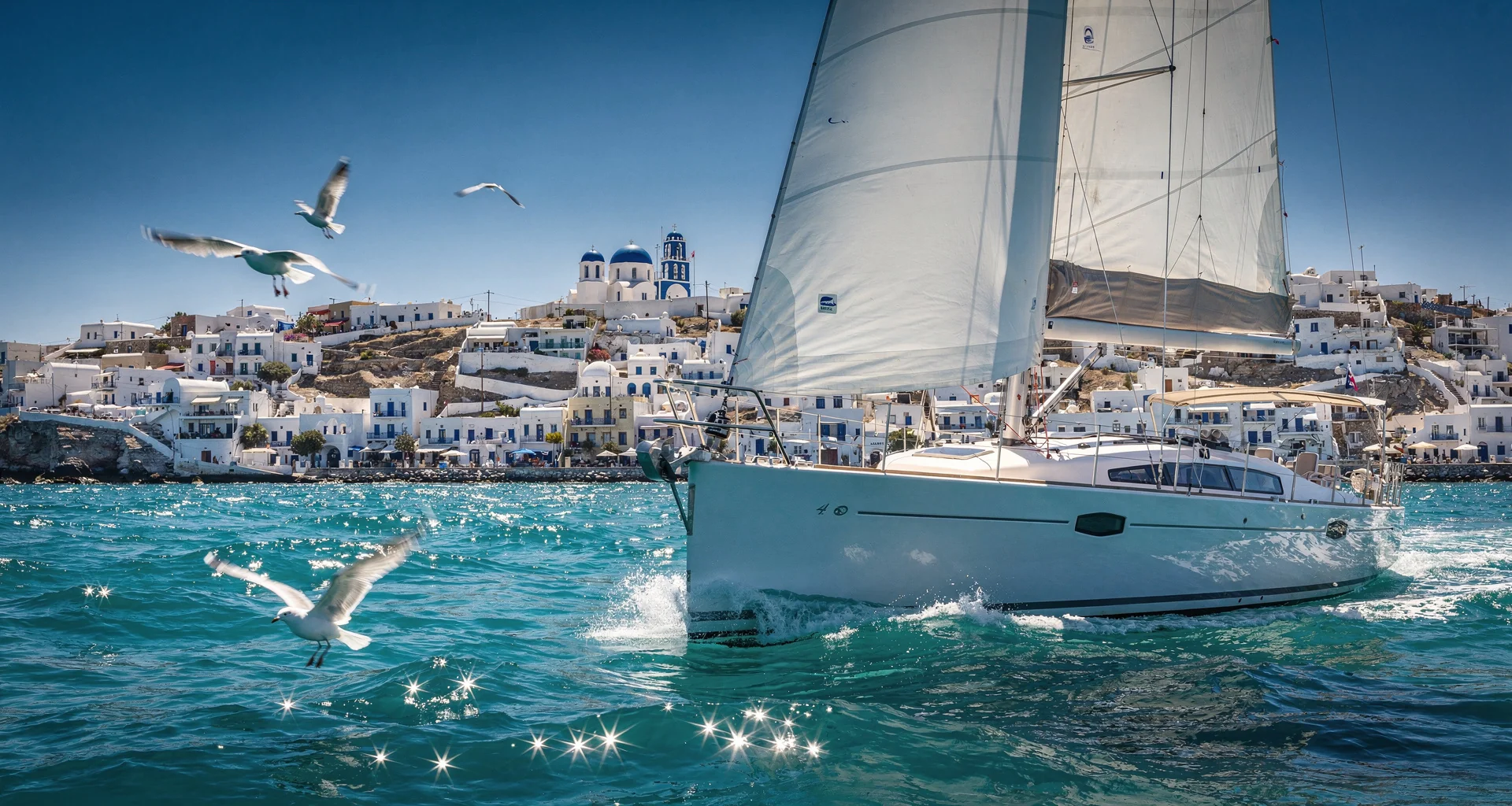Sailboat tacking through deep turquoise waters near Paros, Greece