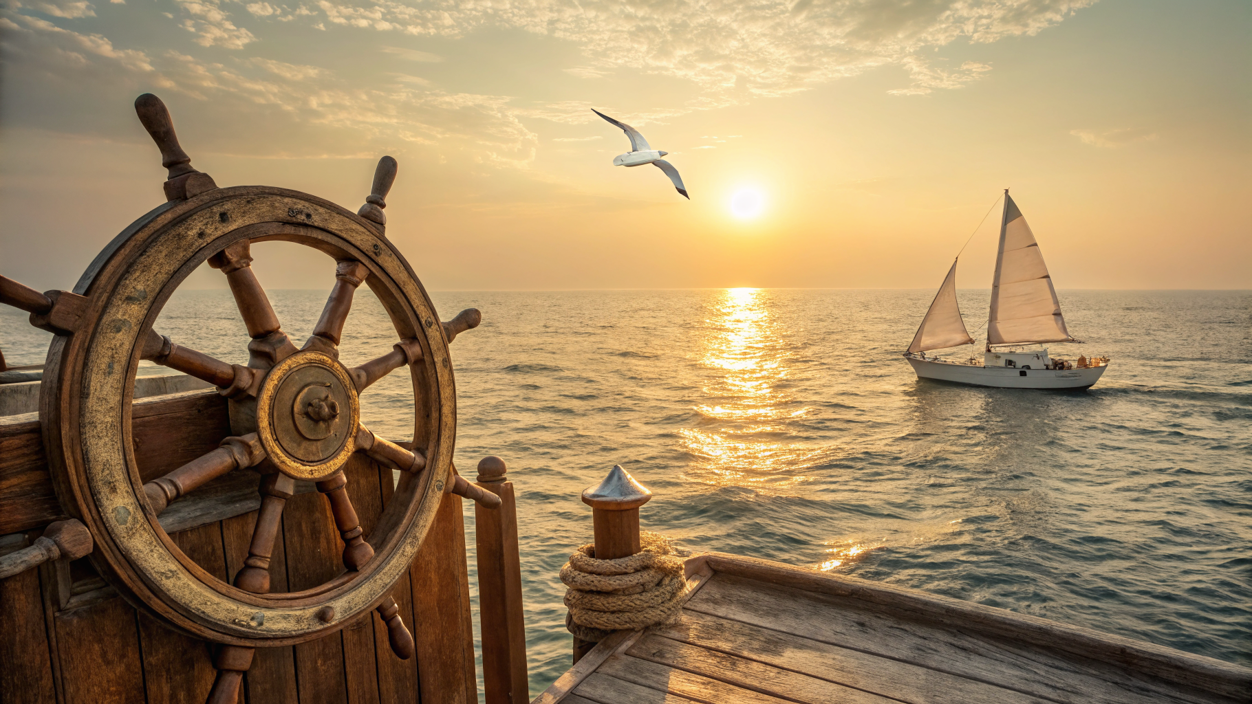 Wooden bow cutting through open ocean swells at sunrise