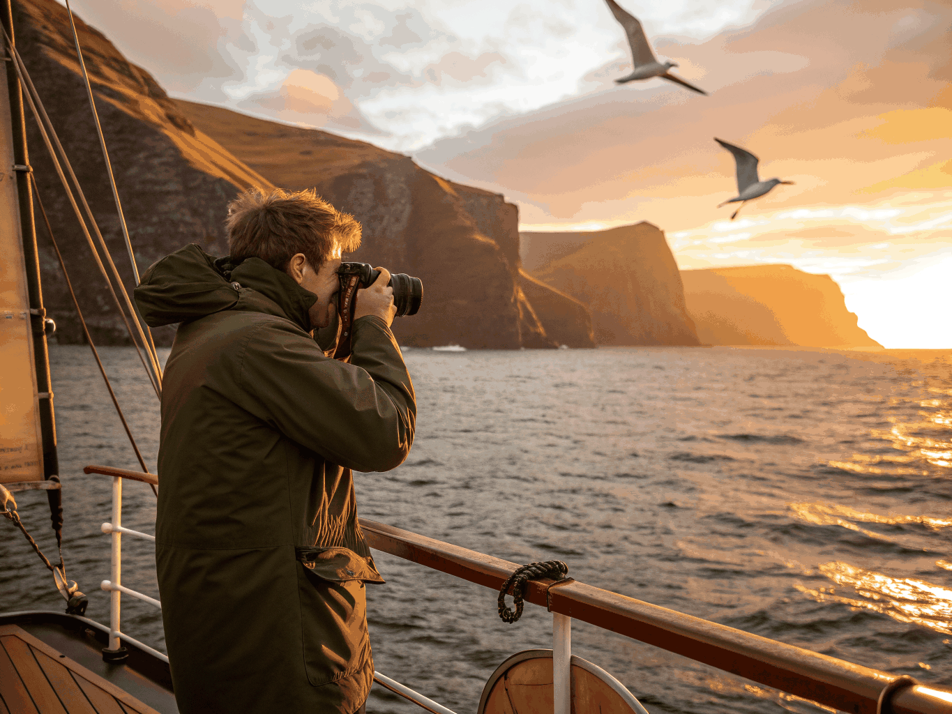 Jake holding a 35mm rangefinder camera on the sailing boat deck