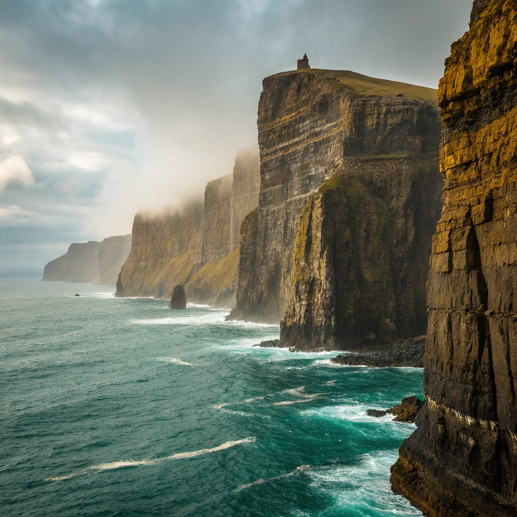 Rugged emerald cliffs sloping directly into the Pacific Ocean