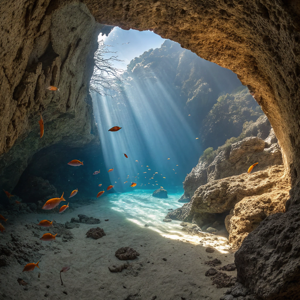 Sunlit turquoise sea cavern with white stone arches in the Cyclades