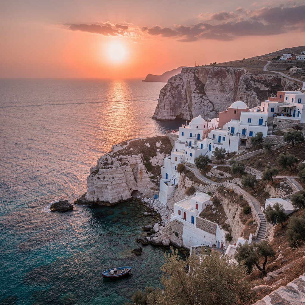 Calm bay anchorage beside steep limestone cliffs in Greece
