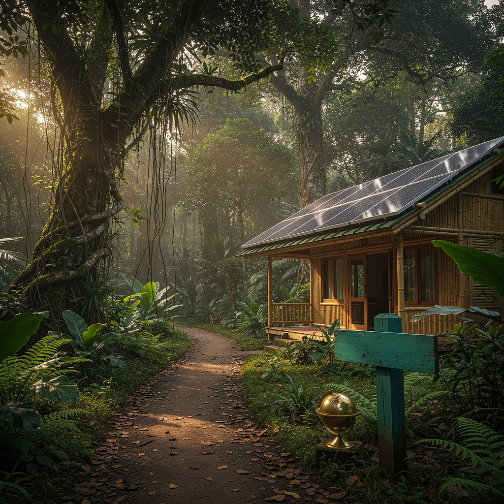 Open-air wooden cabin surrounded by lush tropical rainforest canopy