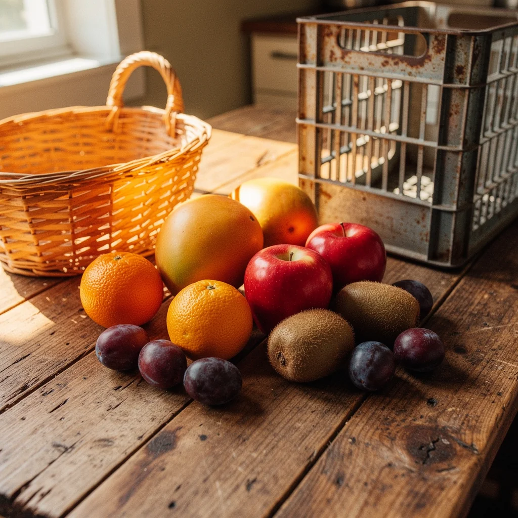 Weathered plantation fruit counter laden with fresh tropical papayas and citrus