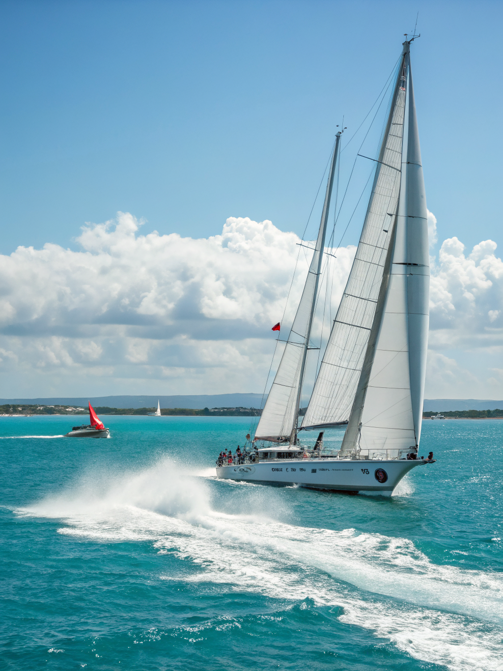Sailboat heeling into coastal wind waves under a double-reefed white mainsail