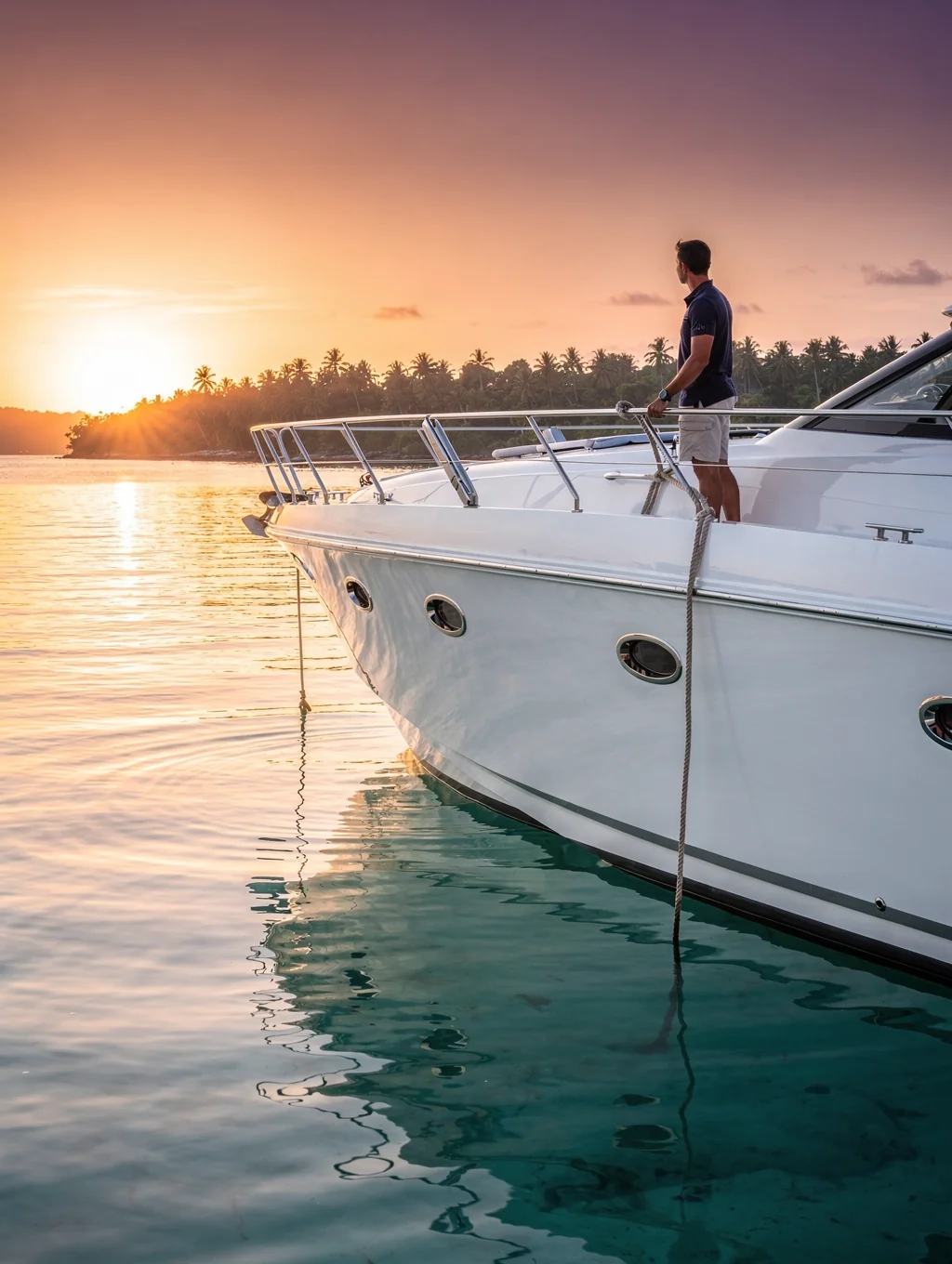 Anchor chain running down into clear blue twilight water in a protected island cove
