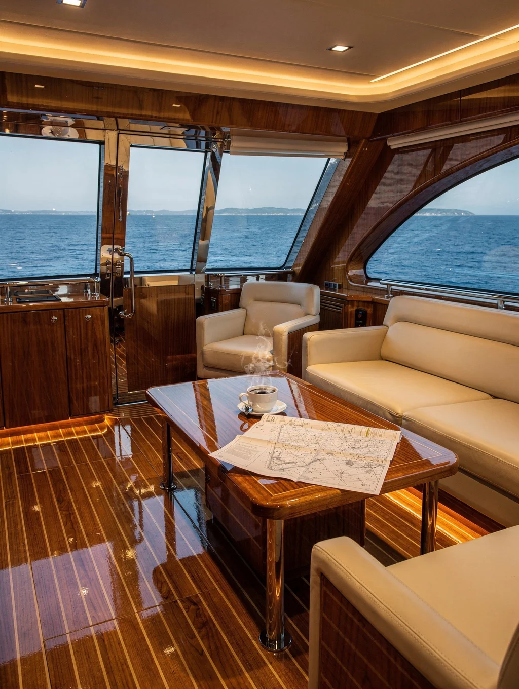 Paper navigational charts, brass dividers, and weathered sailing gloves spread over a saloon table