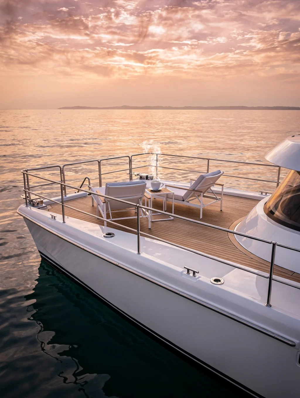 Enamel mug of hot coffee resting on the teak cockpit coaming on calm morning water