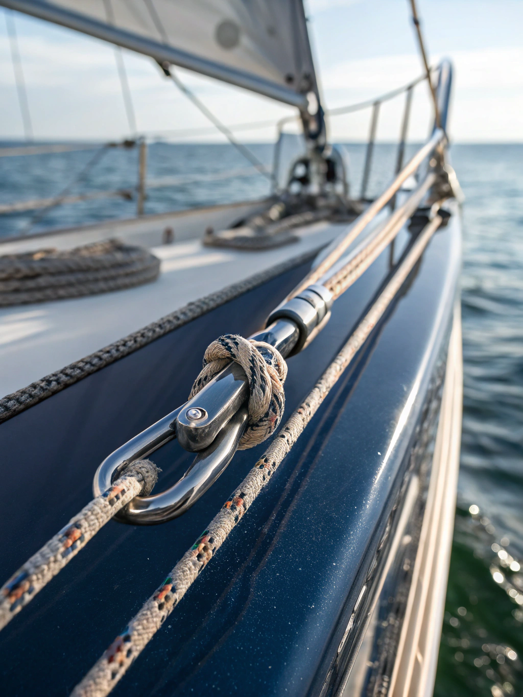 Stainless rigging and sailcloth taut under coastal winds