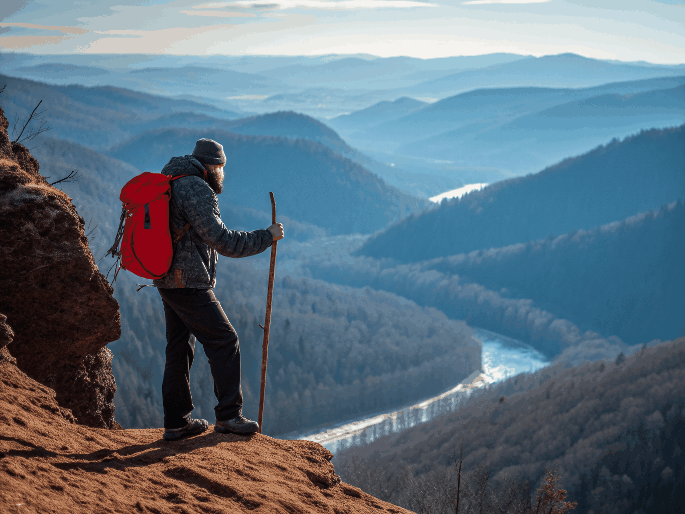 A single hiker silhouetted against alpine mountain ridges