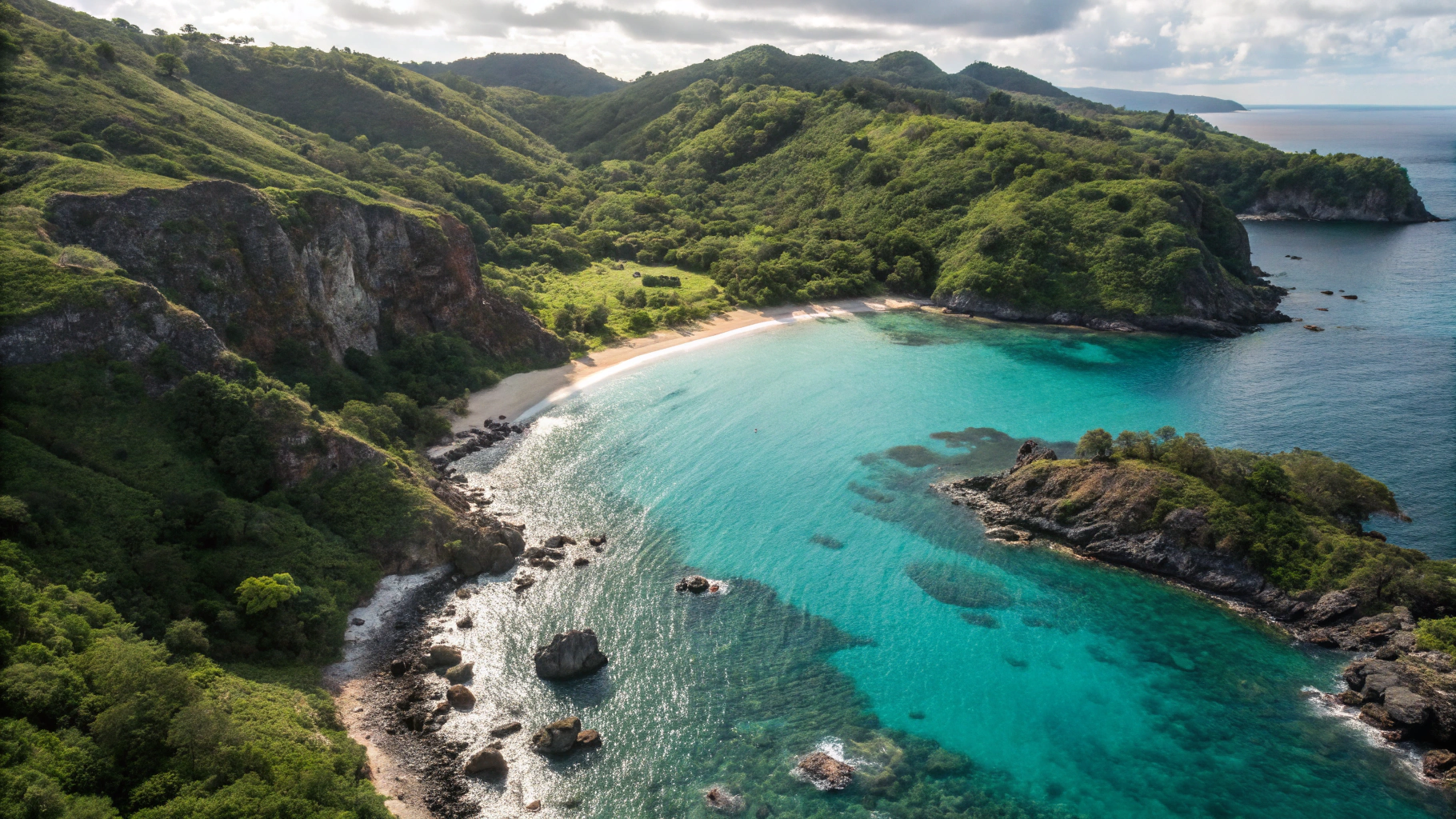 Wide panoramic vista of clear turquoise waters sheltered in a natural cove