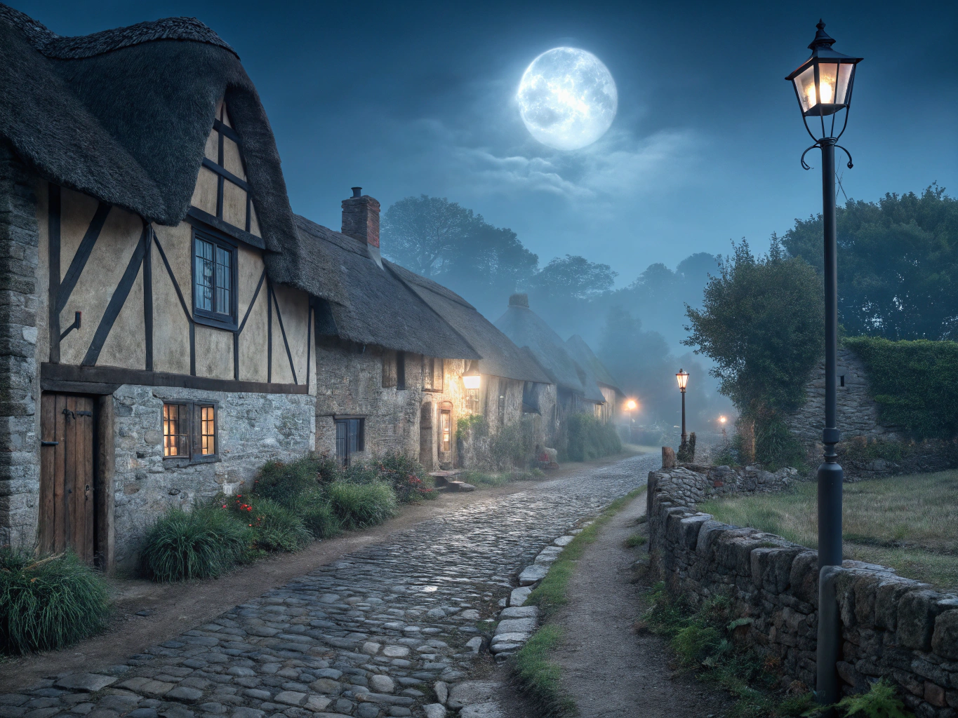 Warm street lamps illuminating cobblestone alleyways at dusk